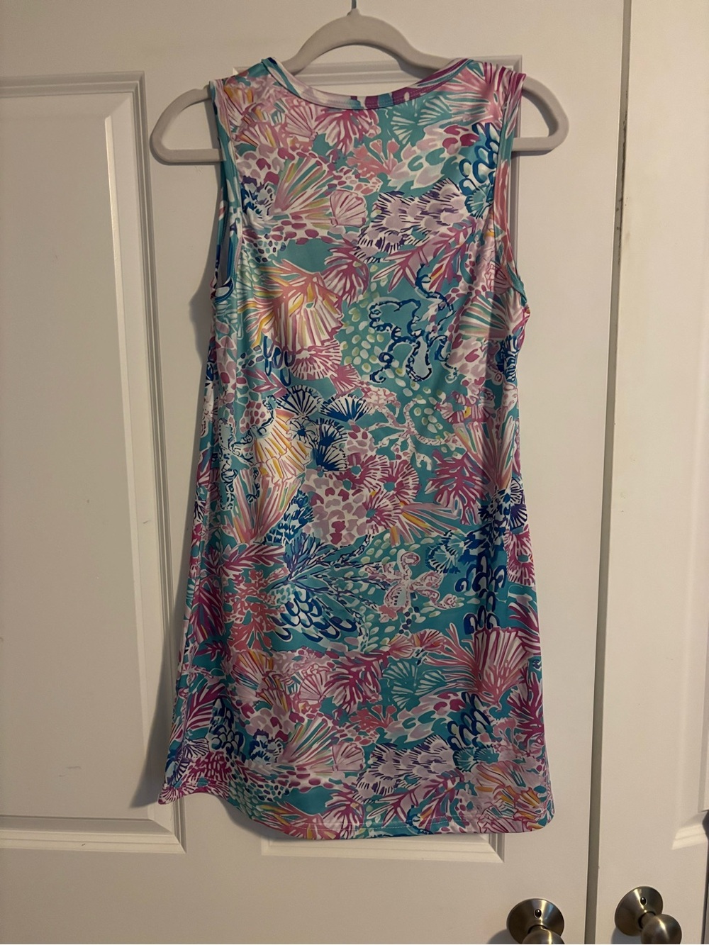 Sleeveless Tropical Print Shift Dress in Aqua & Pink